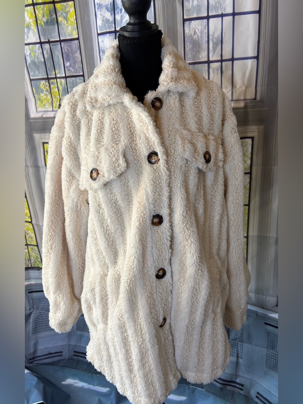 Veveret Cream Sherpa Button-Front Coat - Women's Plush Jacket